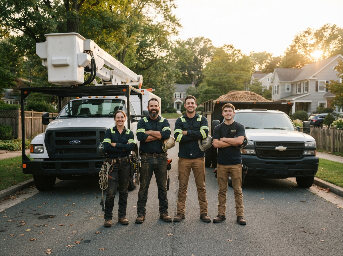 The Tree Certified DLS Xpert crew standing in front of their bucket truck and chip truck