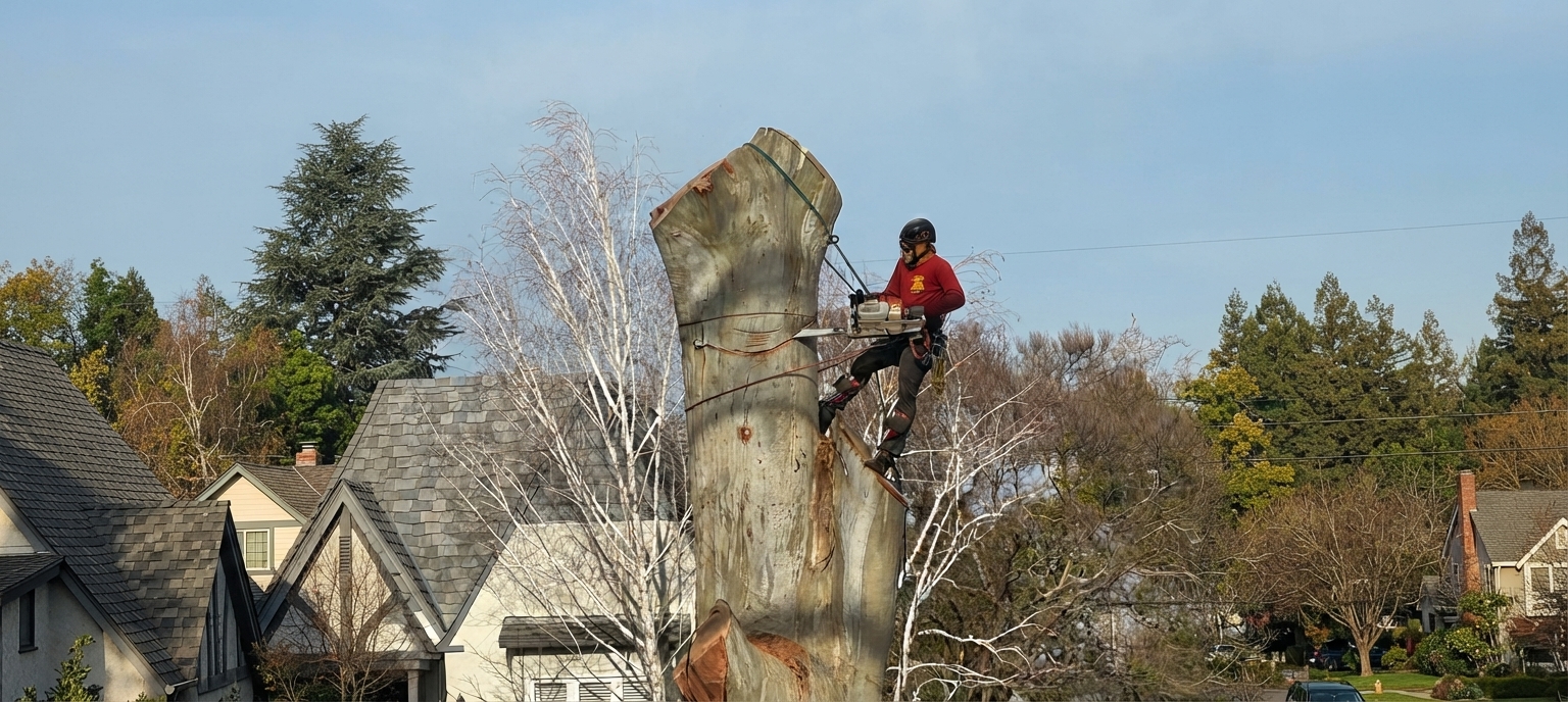Arborist safely removing a large oak tree at golden hour in a Sacramento, CA neighborhood