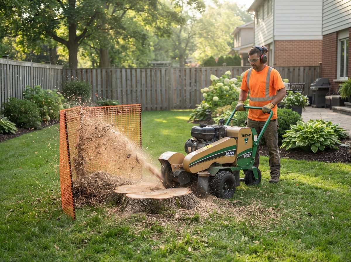 Worker operating a stump grinder in a green suburban lawn